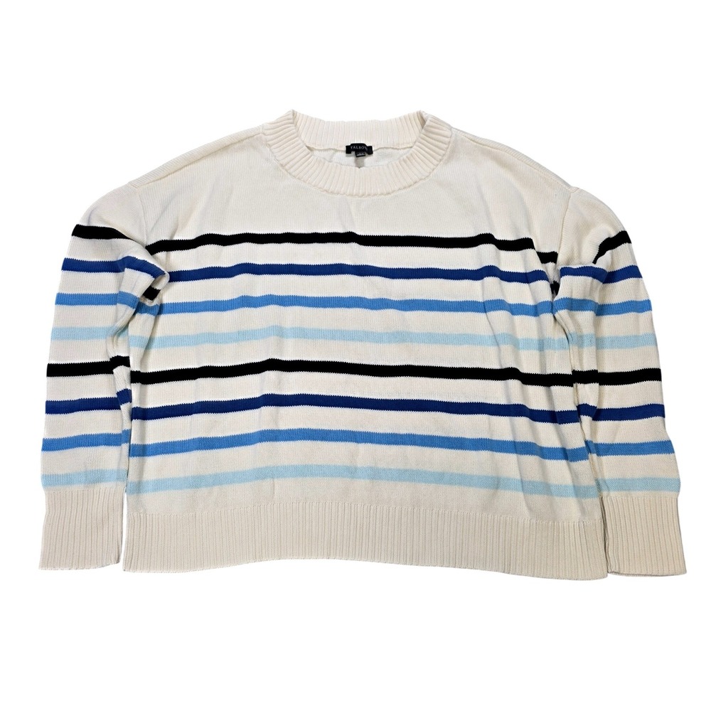 Talbots Pima Cotton Knit Sweater Women's Size L Ivory Blue Striped Crew Neck